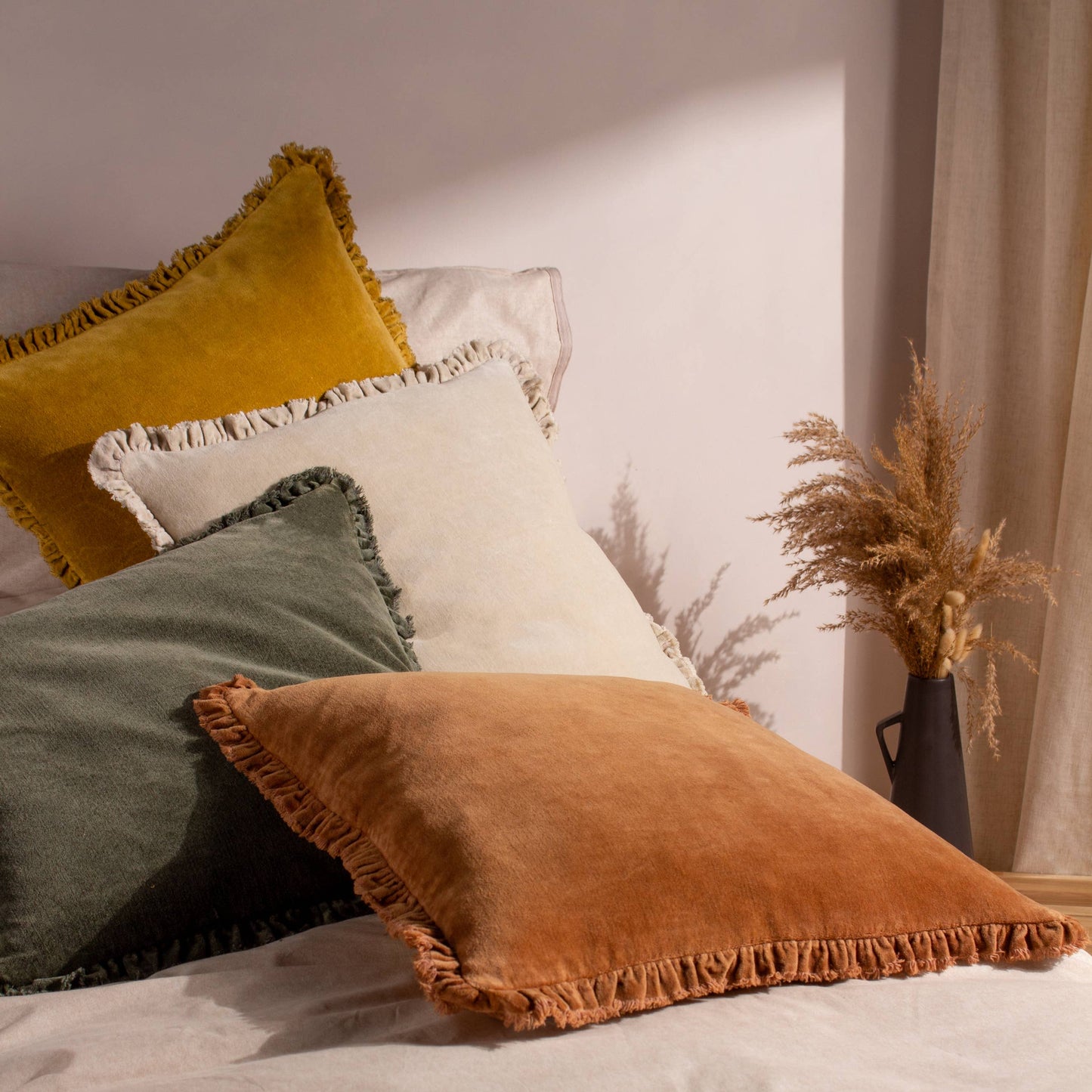 Bertie Washed Cotton Velvet Cushion Moss: Moss / Polyester Filled / 45 x 45cm