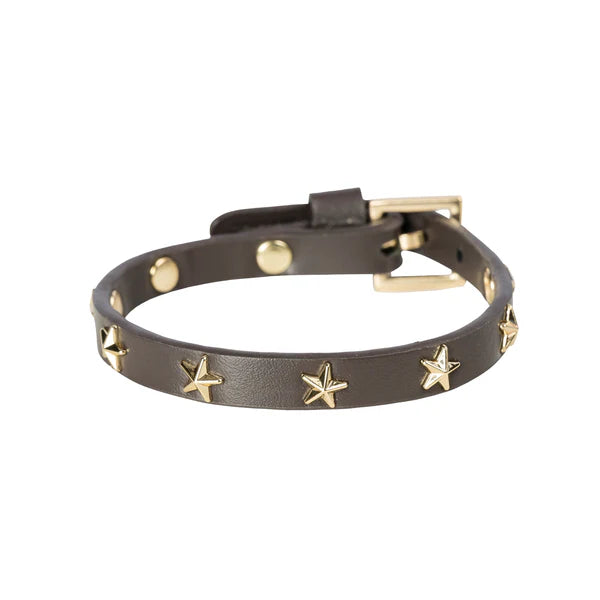 DARK Leather Star Stud Bracelet Mini, Dark chocolate/gold