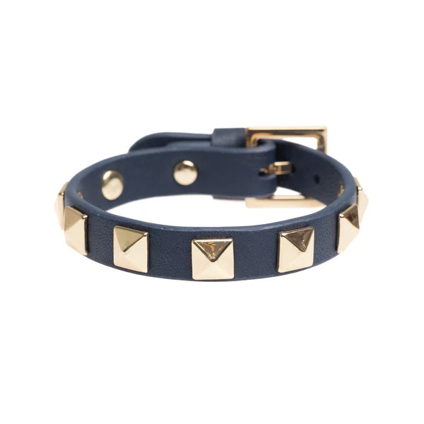 DARK Leather Stud Bracelet, Navy blue/gold