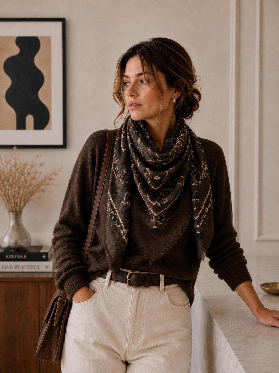 Stort bandanaskjerf i ullblanding – beige