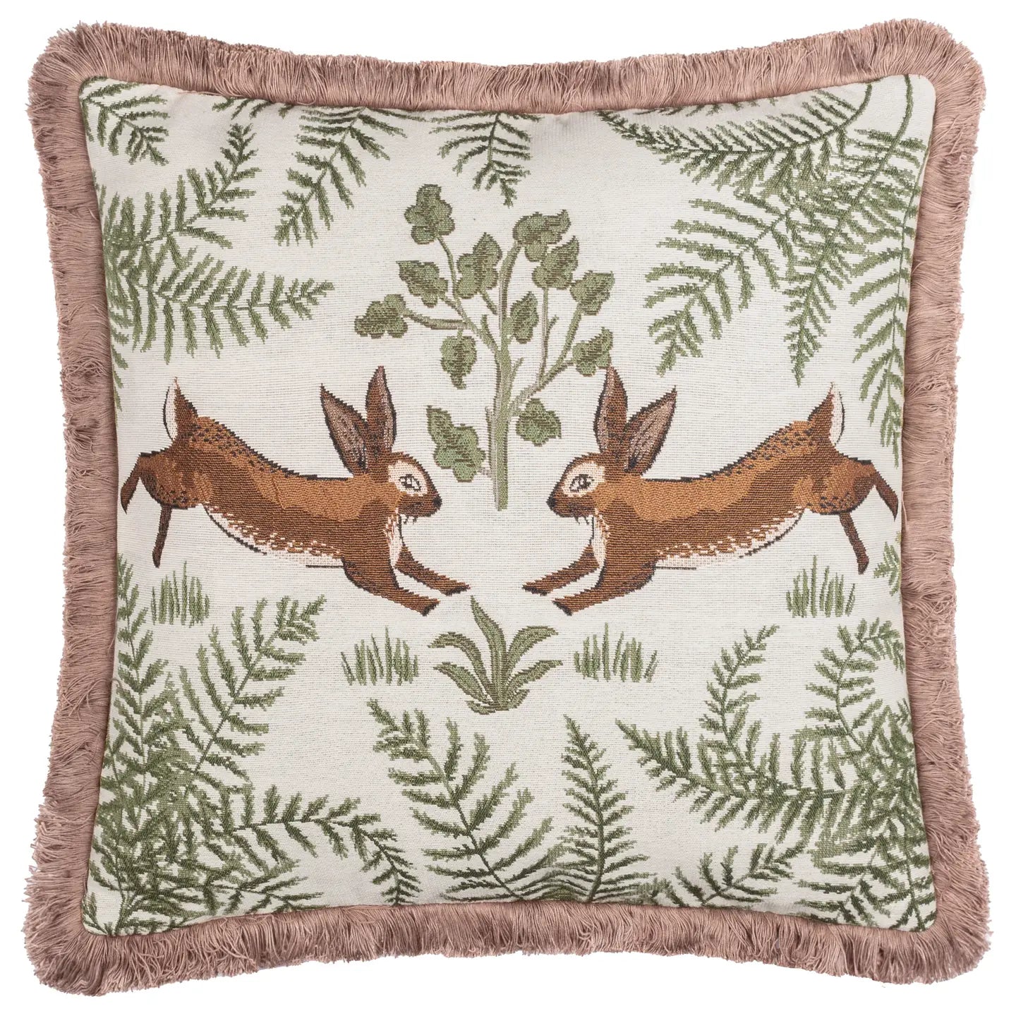Fable Rabbits brodert pute i 100 % bomull i willow green, 45x45 cm