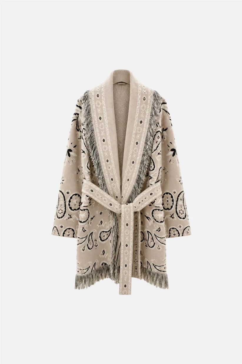 From Paris With Love Paisley Frill Cardigan, Beige