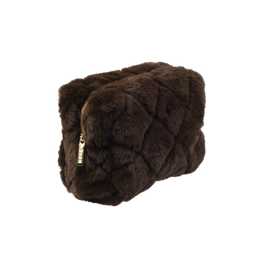 DARK Faux Fur Quiltes Make-up Pouch Small, Chocolate brown
