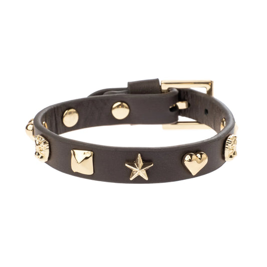 DARK Leather Sign Stud Bracelet, Chocolate brown
