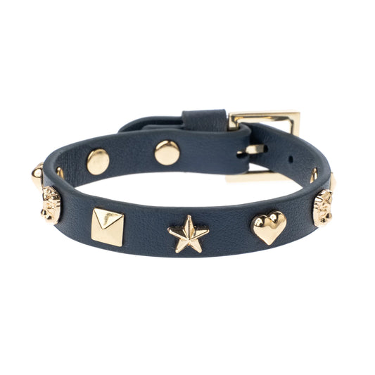 DARK Leather Sign Stud Bracelet, Navy blue