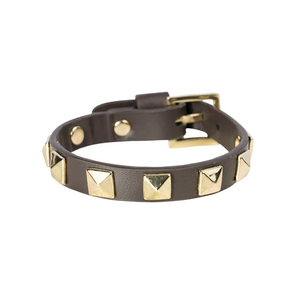 DARK Leather Stud Bracelet, Chocolate brown/gold