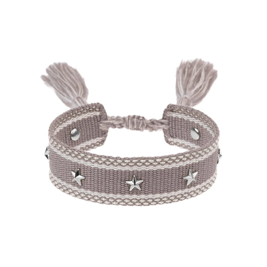 DARK Woven Friendship Bracelet w/star studs, Taupe w/silver