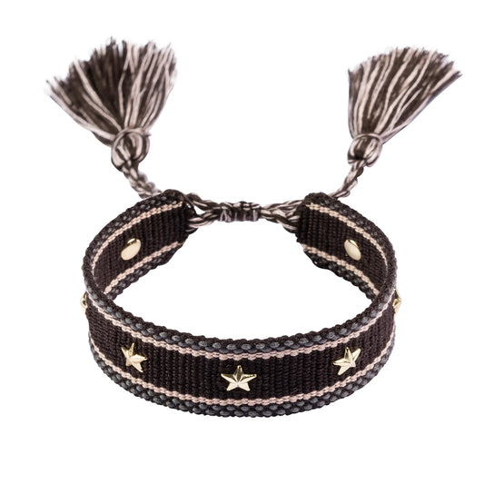DARK Woven Friendship Bracelet w/star studs, Chocolate brown w/gold